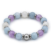 Elegant women's bracelet with Aquamarine, Amethyst & Belomorite stones on a white background.